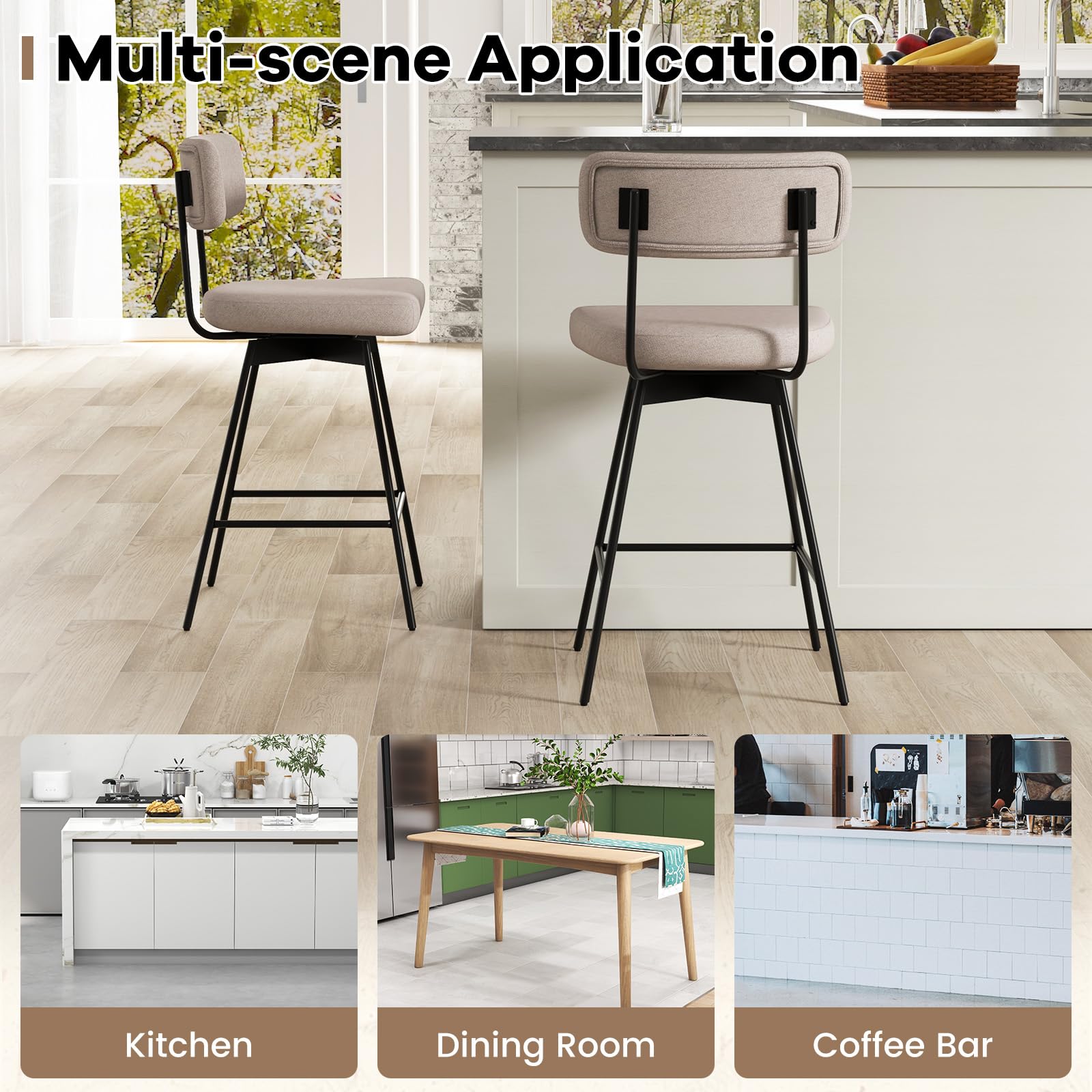 Bar Stools Set of 2/4, 25&rdquo; Upholstered Counter Height Bar Stools with Back