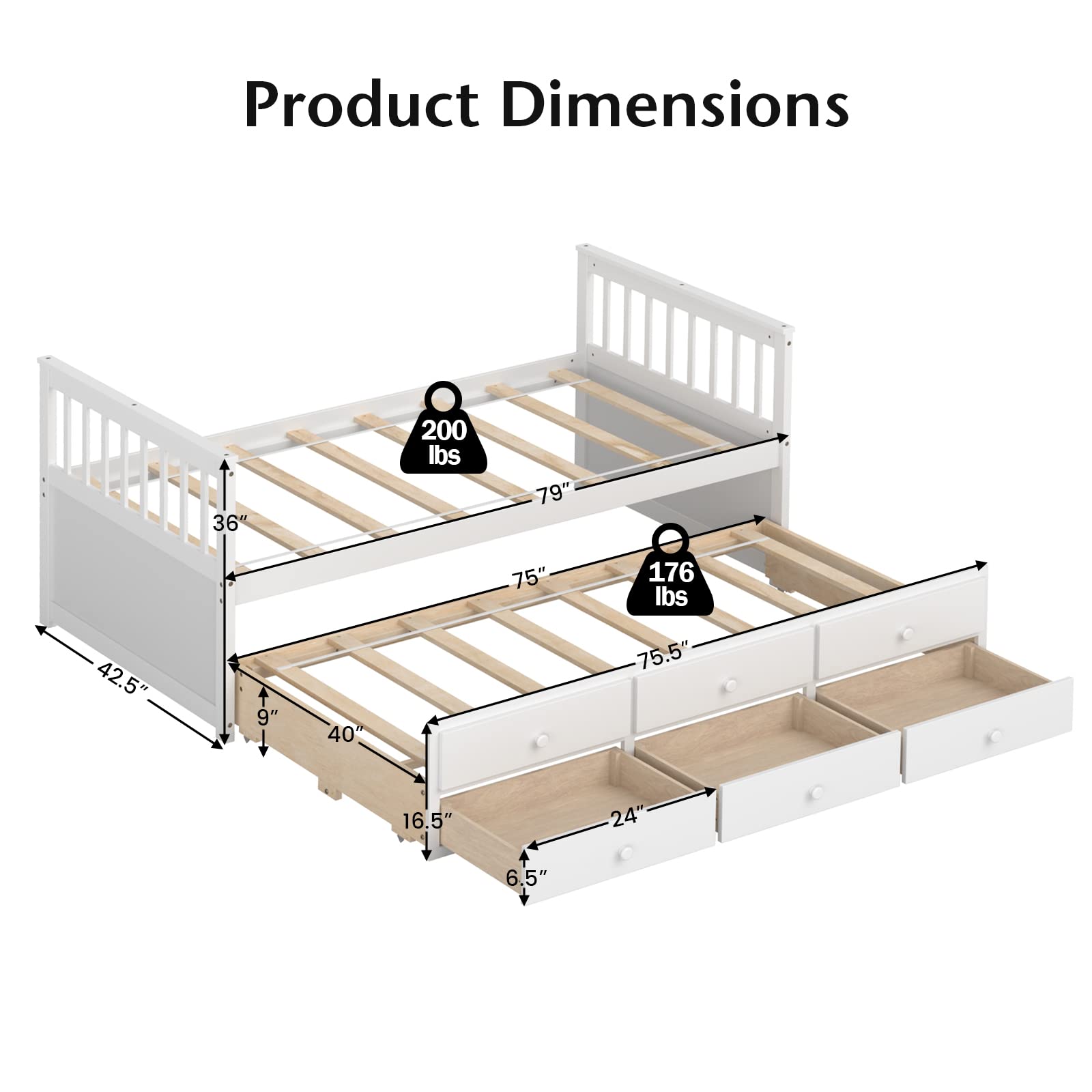 Twin Size Wooden Captain Daybed with Trundle and 3 Storage Drawers