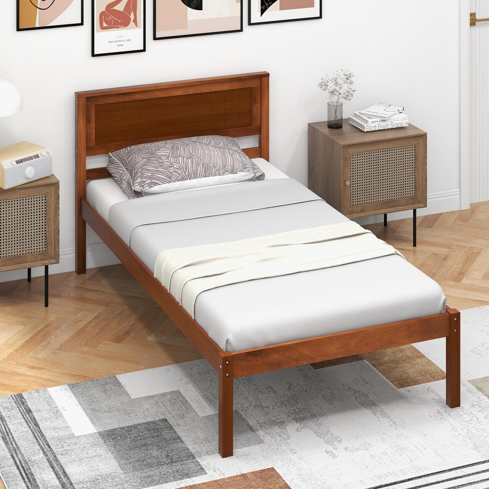 Wooden Platform Bed Frame with Headboard & Wood Slat Support
